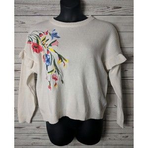 Woven Heart Sz L Large Ivory Floral Early Crewneck Ruffle Sleeve Sweater